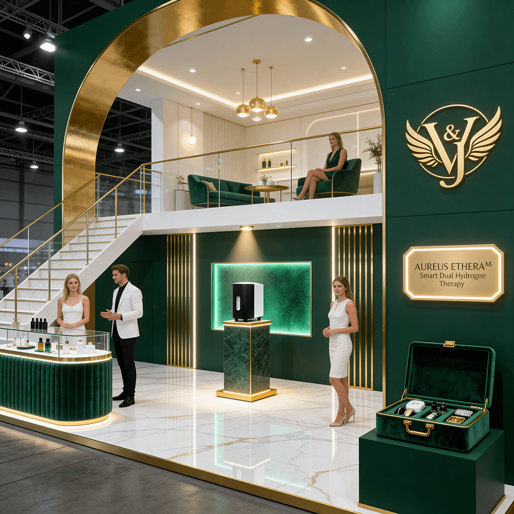 AUREUS ETHERA™ Smart Dual Hydrogen Therapy exhibition booth with a green and gold two-level lounge, central pedestal displaying the device, brand logo wall, and staff presenting products to visitors in a modern trade show hall.